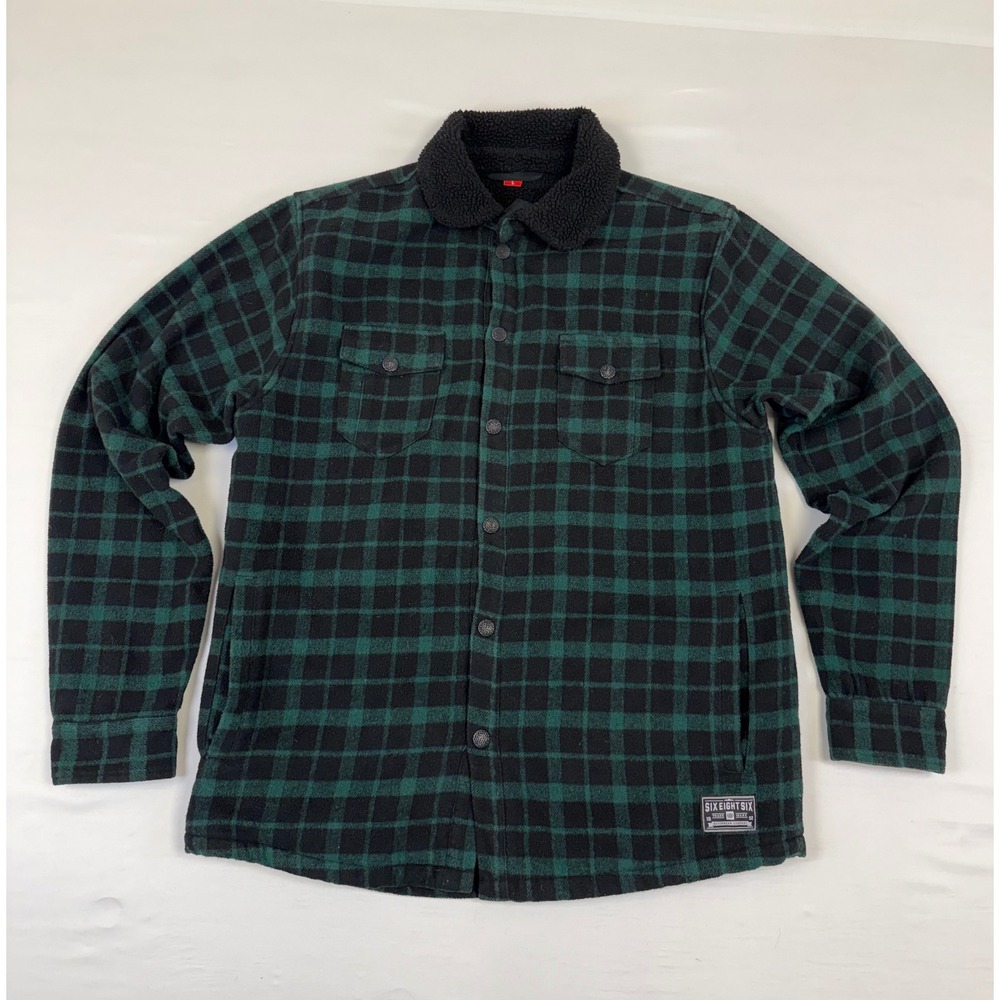 686 Parklan Mens Fleece Plaid Shirt Jacket Green‎ Black Sherpa Collar Size Large